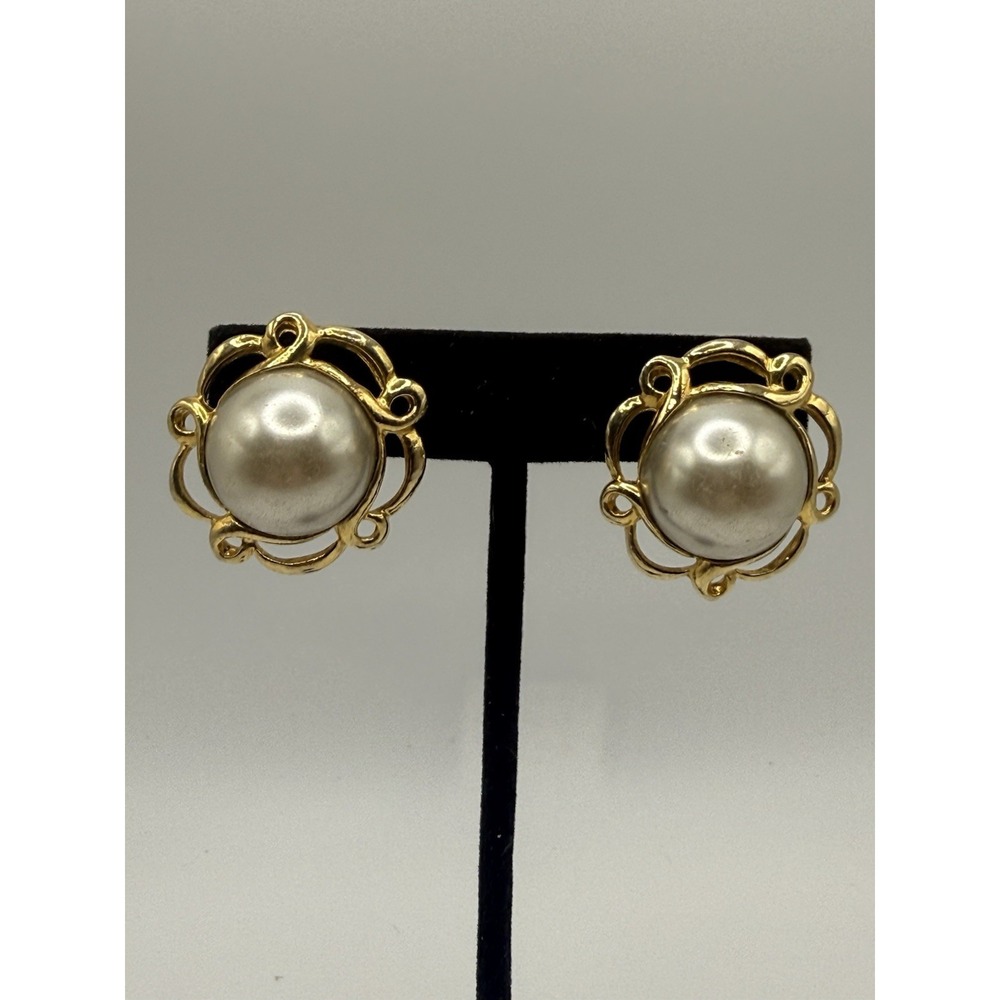 Vintage Two Sisters Clip On Earrings Gold Tone Faux Pearl Button Style Signed